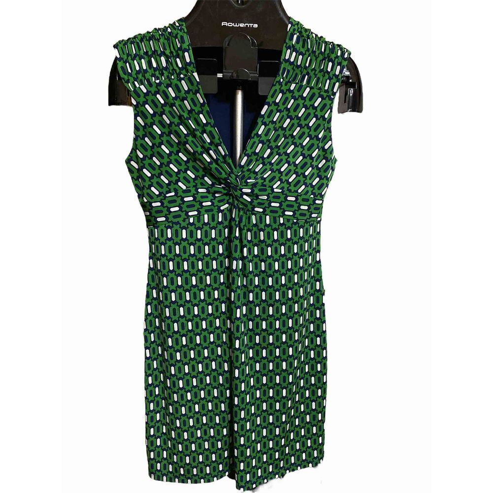 Womens Kiara Knit Dress Sleeveless Small Green Front Twist Navy & White Print